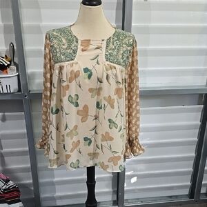 Cato Cream and Tan Relaxed‎ Bib Collar Blouse